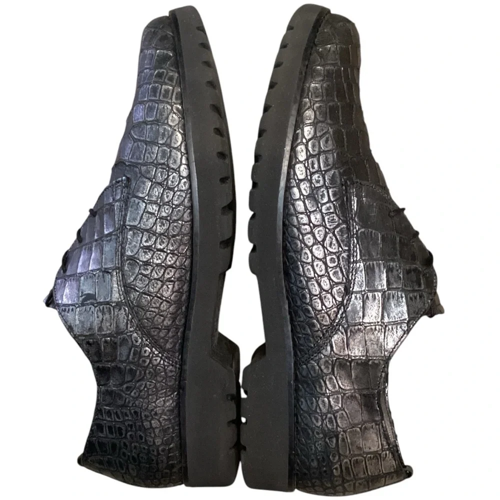 GABOR Men’s Pewter Metallic Leather Lace Up Crocodile Oxford, Size 6‎